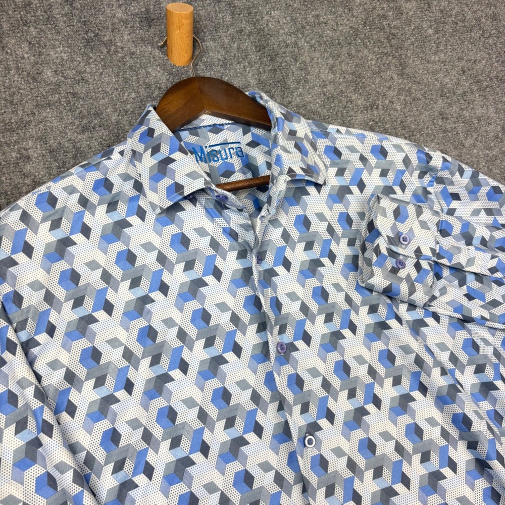 Misura Mens XL Geometric 3D Cube Print Long Sleeve Button Down Shirt Blue Grey